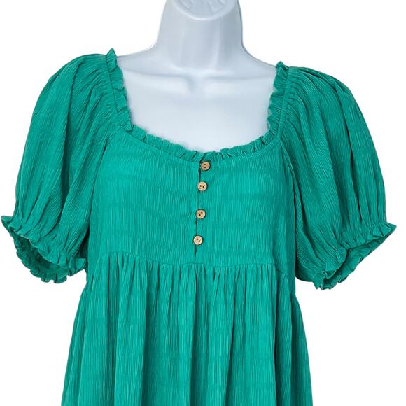 Easel Puff Sleeve Tiered Mini Babydoll Dress Green Small Flowy Romantic Boho NWT - Picture 3 of 13